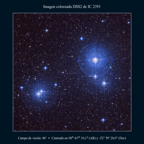 Imagen coloreada en DSS2 del cúmulo de Ómicron Velorum (IC 2391)
