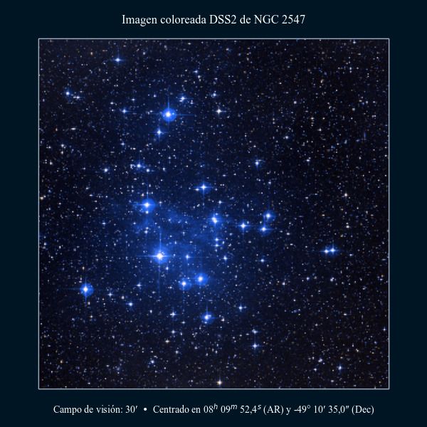 Imagen coloreada en DSS2 del cúmulo abierto NGC 2547