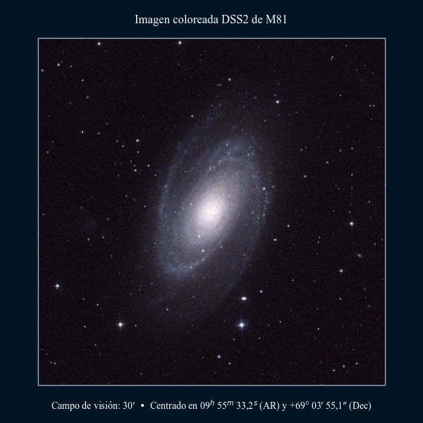 Imagen coloreada en DSS2 de la galaxia de Bode (M81, NGC 3031)