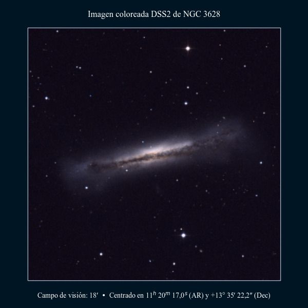 Imagen coloreada en DSS2 de la galaxia NGC 3628