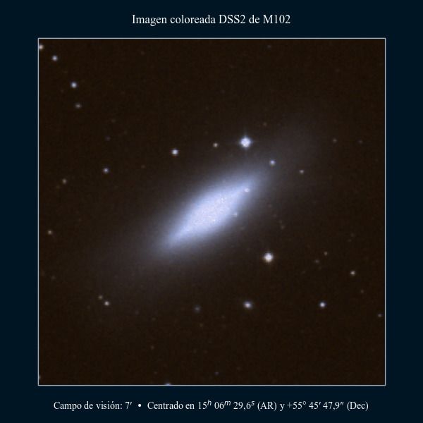 Imagen coloreada en DSS2 de la «galaxia Eje» (NGC 5866)