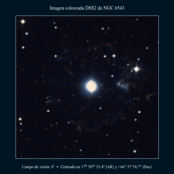 Imagen coloreada en DSS2 de la «nebulosa Ojo de Gato» (NGC 6543)