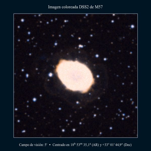 Imagen coloreada en DSS2 de la nebulosa del Anillo (M57, NGC 6720)