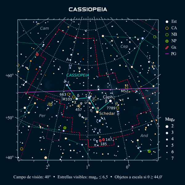 Carta celeste de la constelación de Casiopea