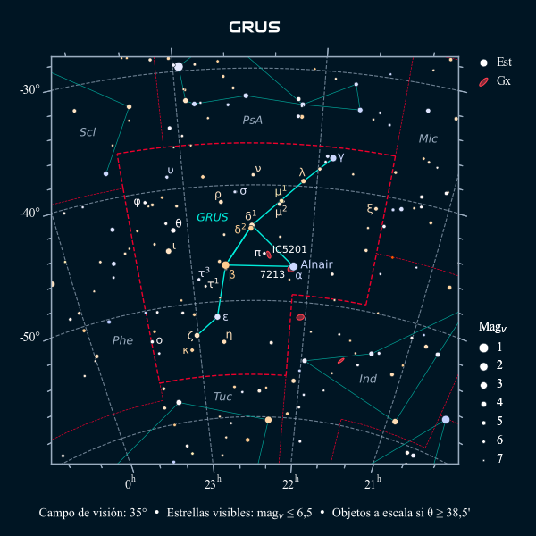 Carta celeste de la constelación de la Grulla
