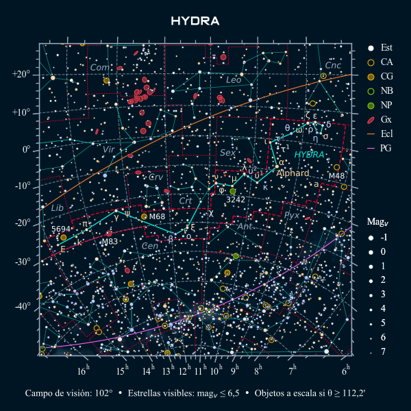 Carta celeste de la constelación de la Hidra