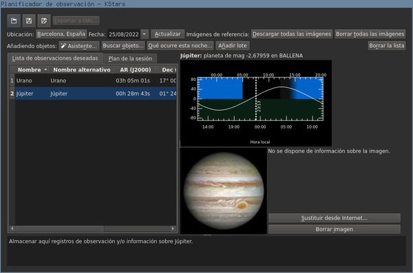 Ventana del planificador de observaciones astronómicas